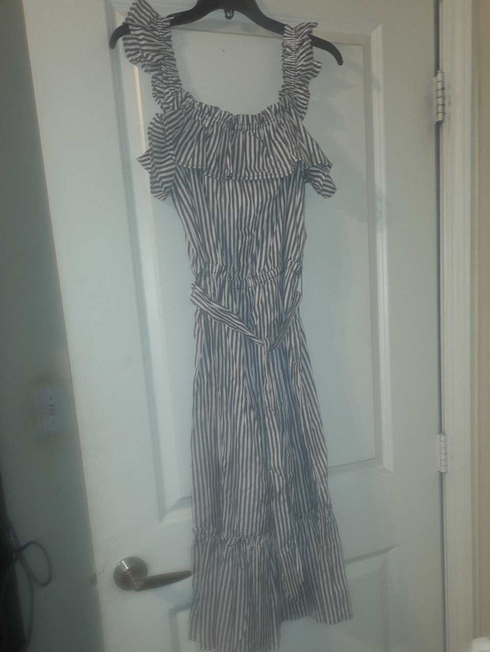Michael Kors Navy and White Striped Ruffle Midi Dress